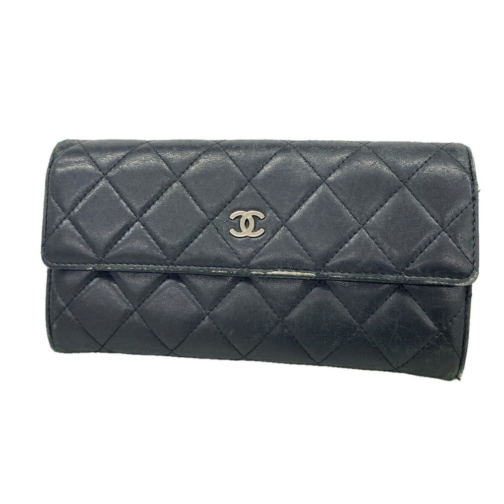 Chanel Matelassé Lambskin Long Wallet, Black, Women's